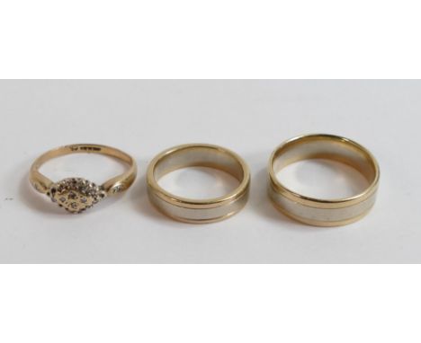 Ladies and gentleman's 9ct white gold wedding rings, sizes P/Q and K together with 9ct engagement ring,11.1g. (3) 