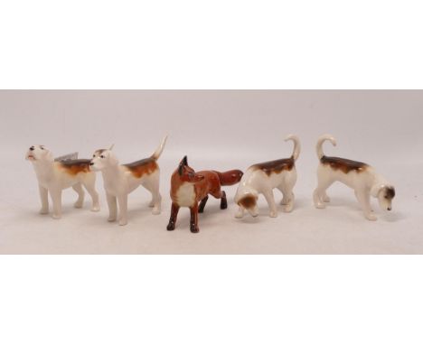 Beswick first version Foxhounds 941, 942, 943, 944 together with a small standing fox (5) 