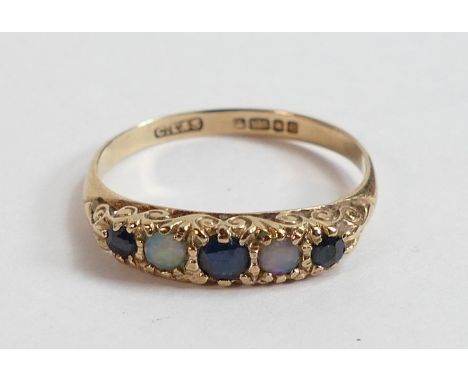 9ct gold opal &amp; sapphire ring, size N, 1.8g. 