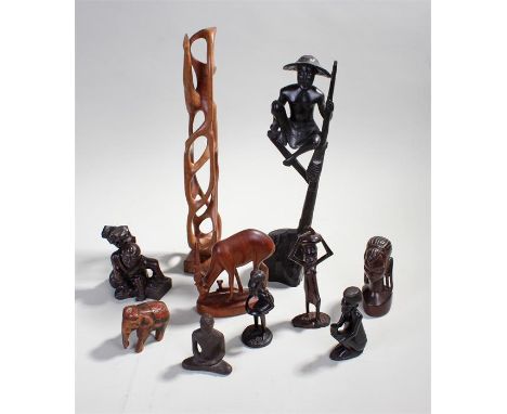 Tribal figures, collection of carved African wooden figures and animals, (10)