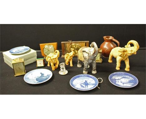 Mixed objects, Royal Copenhagen plates, clocks, a carriage clock, elephants, (qty) 