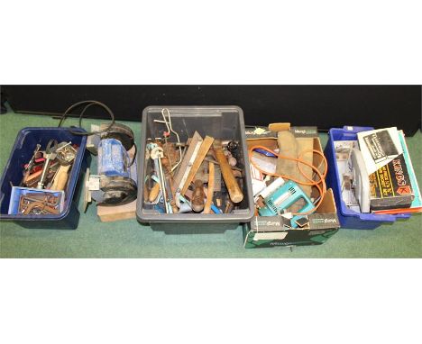 A quantity of hand tools together with a Draper Bench Grinder and a black and Decker Jigsaw (qty)