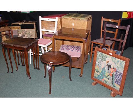 Vintage Ottoman set consisting of one larger and two small ottomans with fabric covered padded lids, together with Furniture,