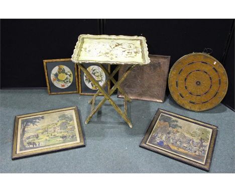 Mixed lot to include a vintage dart board, heavy copper plaque, vintage prints and folding side table with tray top, (Qty)