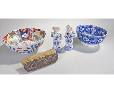 Two ceramic bowls, two ceramic figures, and a vintage clothes brush, (5)