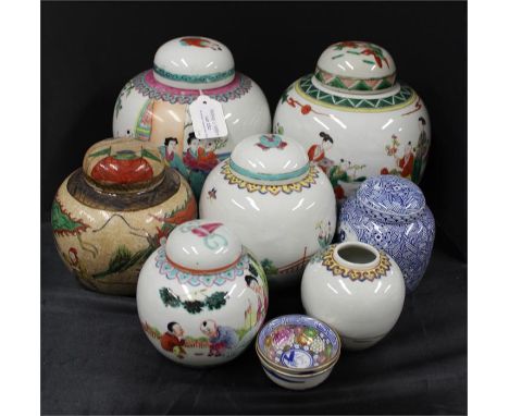 Canton porcelain ginger jars, the largest depicting figures at play 20cm high, with smaller examples and two small bowls (9)