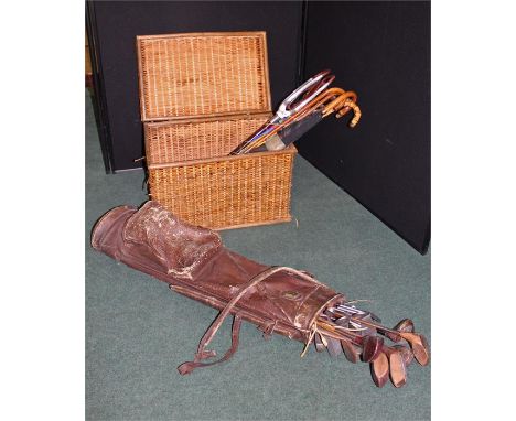 Objects to include a wicker box, shooting stick, walking sticks, gold clubs and bag