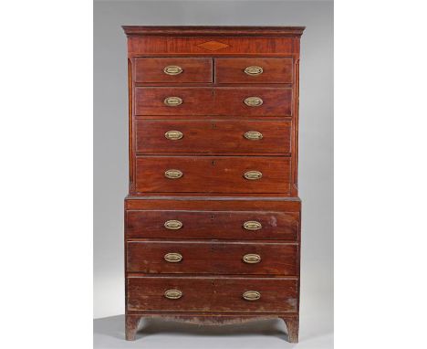 19th Century chest on chest, the concave cornice above two short and six long graduated drawers on bracket feet, 108cm wide, 