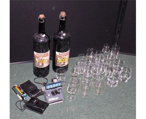 Two unopened bottles of Nathanial Catchpole beer, together with a collection of tumblers and a Polaroid camera (qty) 