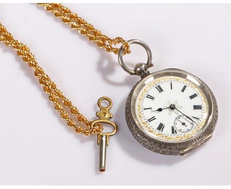 Silver pocket watch, the white enamel dial with Roman hour markers and subsidiary seconds dial, case diameter 37 mm, together