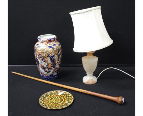 Japanese imari vase, together with a walking stick, a dish and an alabaster lamp