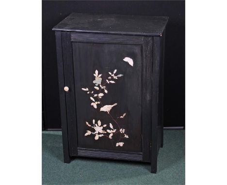 Chinese style wooden cupboard with bone and mother of pearl decoration to the door and interior shelf