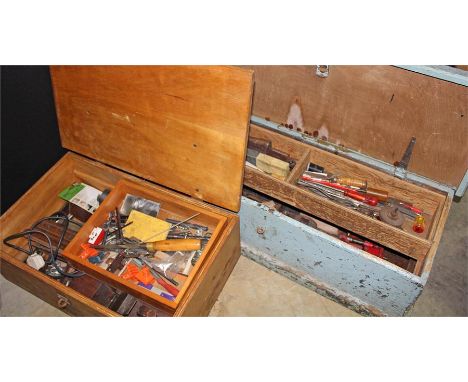 Two wooden trunks containing various tools to include a Griffiths of Norwich plane and a Makita finishing sander (qty)