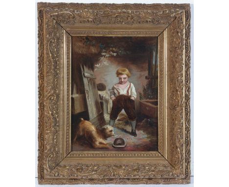 19th Century British School - A Boy and a Dog Gazing Upon a Mouse, unsigned, oil on board, with graphite portrait of a young 