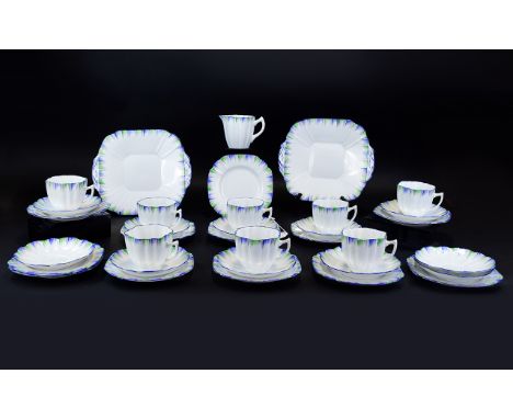 Melba Bone China Art Deco - Hand Painted Feathered Edge ( 34 ) Piece Tea Service. c.1930's. Daisy Shape, Pattern Num 3896. Co