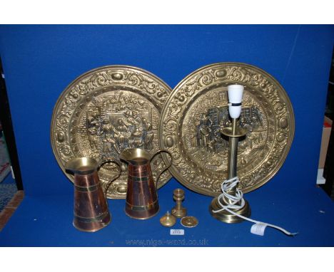 Two brass Jugs, two Chargers and a Lamp