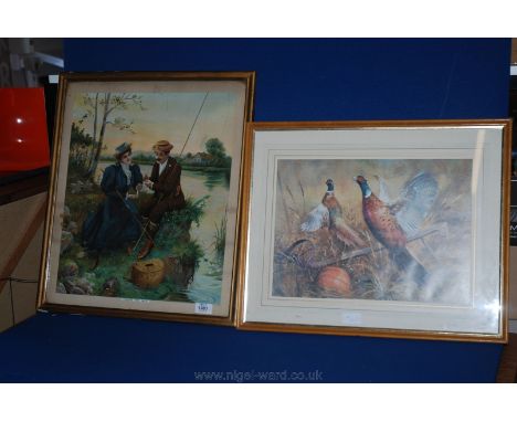 A Pears Print 'Fishing for Jack' and a Print of two Cock Pheasants in flight