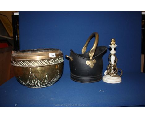 A Brass Jardiniere, Coal Bucket and a Brass Lamp Base.