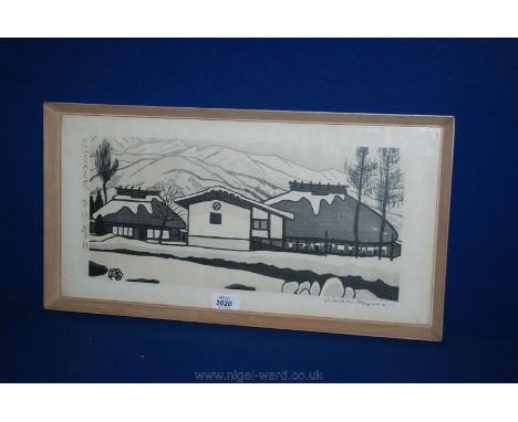 A Japanese woodblock Print, 'Buildings in the Snow' circa 1950's by Gihachiro Okuyama (1907-1981)