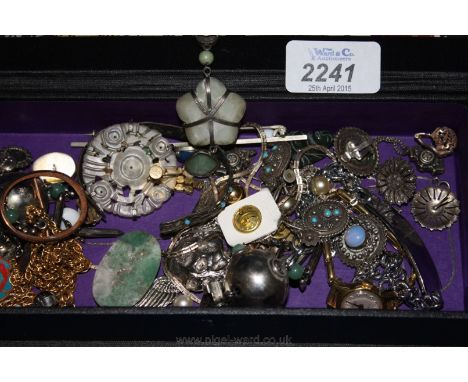 Miscellaneous continental costume jewellery including a jade Buddha Pendant, pierced jade Disc, silver Earrings etc.