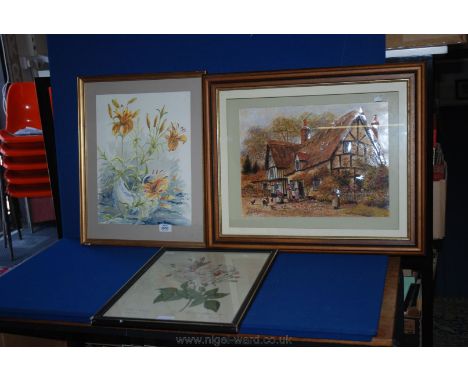 Three Pictures, one being Watercolour by Robert Stephenson, a Redoute rose Print and a decoupage cottage scene