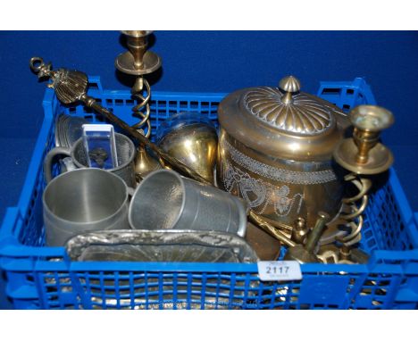 A quantity of brass and metals including brass candlestick, silver plated biscuit barrel, toasting forks, pewter tankards, et