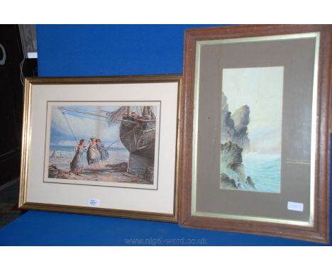 A framed Victorian Print on the beach at Shoreham and a Watercolour of waves hitting a rocky outcrop