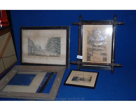 A box of miscellaneous Frames, an 18th c. Print in gilt frame and a  1855 Pontypool sepia Drawing