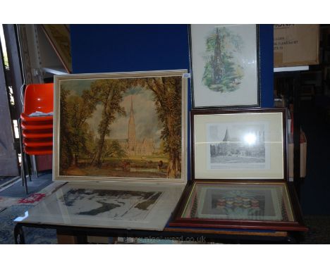 A print on board of Cathedral, Menzion Jan '91, Holy Trinity Bosham, Princess St. Edinburgh and an Embroidery