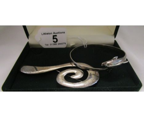 Silver dolphin bangle & brooch