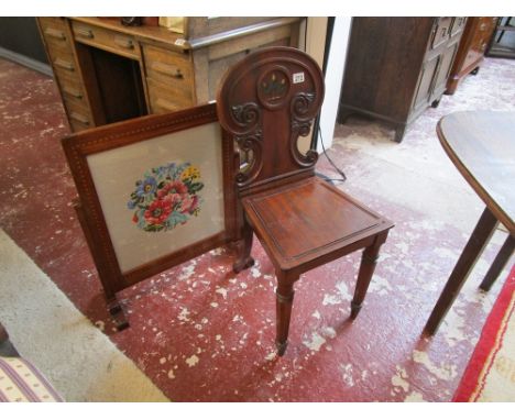 Inlaid mahogany hall chair & inlaid tapestry fire screen