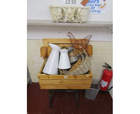Pine box & kitchenalia to include enamel jug