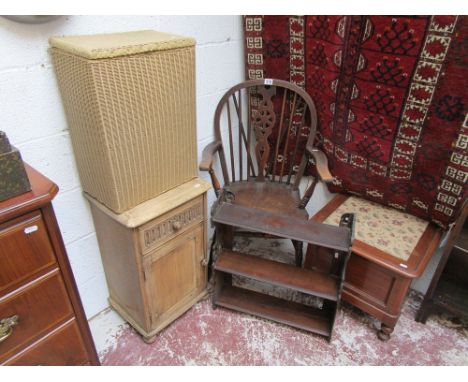 Wheelback armchair, commode, wicker basket, pot cupboard and wall shelves