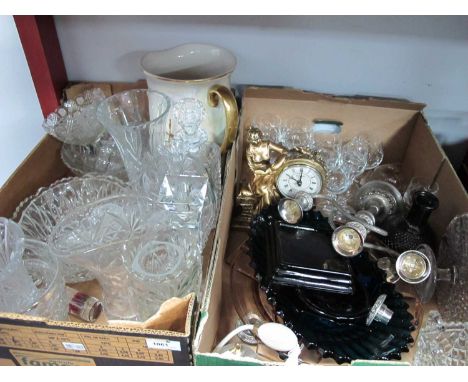 Decanter, Vases, Galway Living Candlestick, Bowls, other glassware, candelabra, clock, etc:- Two Boxes.