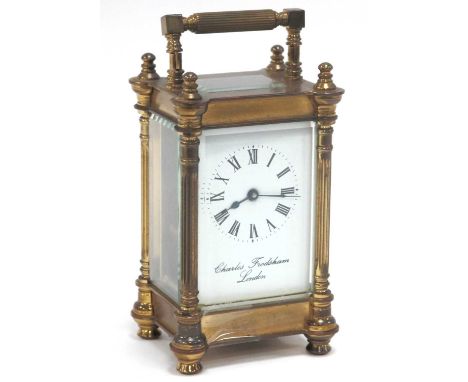 Charles Frodsham of London Brass Carriage Clock with Roman Numerals to face and Glass to all Sides and Top, with keys, approx