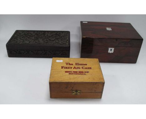XIX Century Rosewood Jewellery Box, with mother of pearl escutcheon 27cm wide, carved hardwood Indian box, Boots mid XX Centu