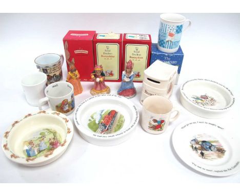 A collection of children's ceramics to include boxed Bunnykins figures Juliet, Fortune Teller and Sundial, Coalport The Snowm