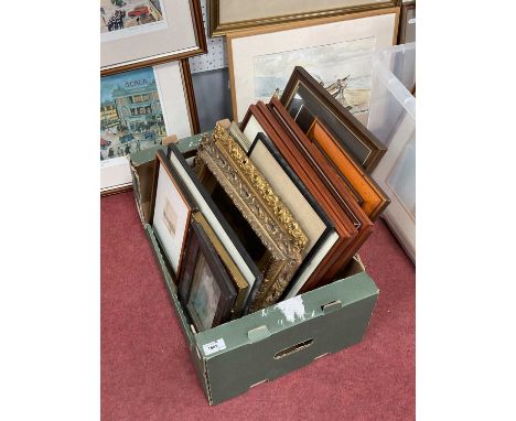 Pair of Gilt Picture Frames, a quantity of signed prints, etching, needlework, etc:- One Box