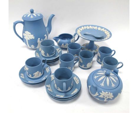 A Pale Blue Wedgwood Jasperware Coffee Pot and Cover, sugar basin, milk jug, eight coffee cups and saucers, a bonbon dish:- O