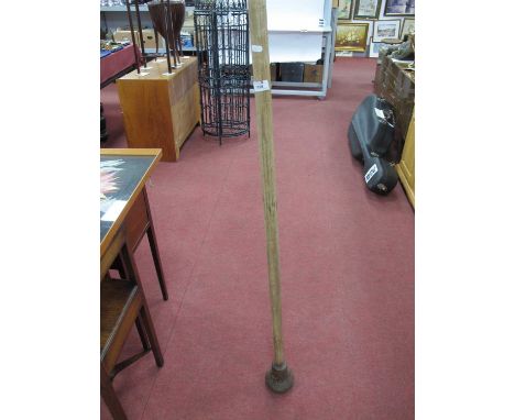Cast Iron Tarmac Pressing Stick with wooden shaft, approx 141cm long.