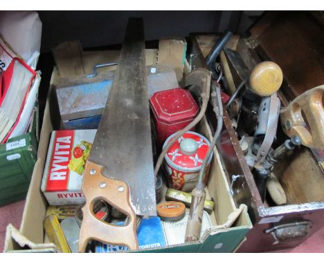 Tools to include Draper Hand Drill, Spencer &amp; Jackson Saws, record spoke shave, scythes, blow lamp, a quantity of tins, e
