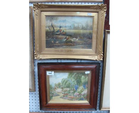 K Young, Ducks &amp; Ducklings at River Bank, oil on board, signed lower left, 17 x 25cm. Arthur Wilkinson, colourful garden,