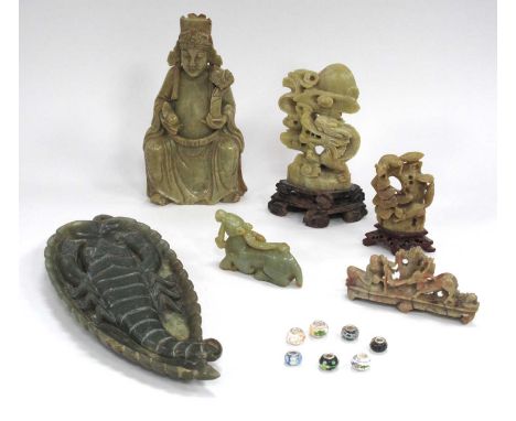 Oriental Soapstone Scorpion Dish, 26cm long. Buddha, temple lion, tree figure, Jadeite mineral seated animal, seven ceramic b