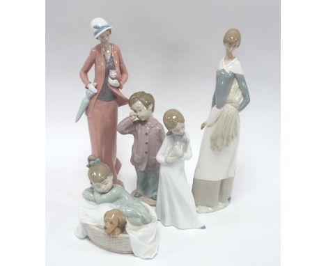 A Collection of NAO Figurines to include 'Sleepyhead Boy', 'A Basket for Two', 'Autumn Stroll' etc. tallest 31cm high. (5)
