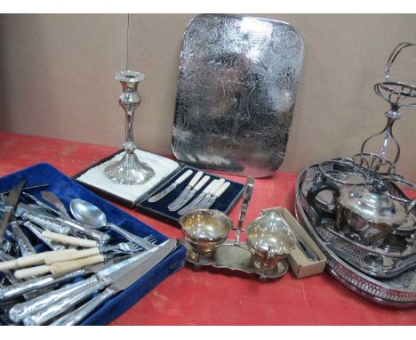 Cutlery, trays, teapot, candlestick and other silver plated ware:- One Box.