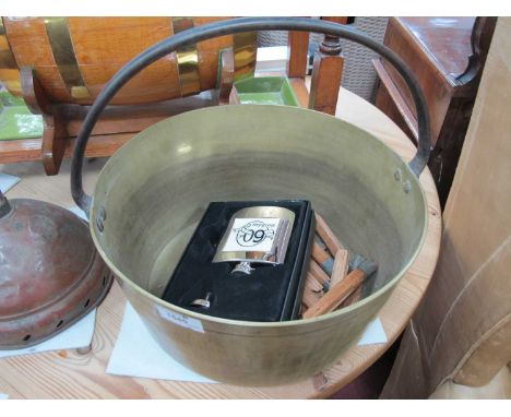 XIX Century Brass Jam Pan with Iron Loop Handle 32.5cm diameter, copper posser stick, clothes pegs, hip flask, dish.