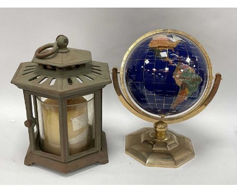 Gemstone World Globe, on brass octagonal base, together with one lantern (2)Some scratching to one side of the globe.