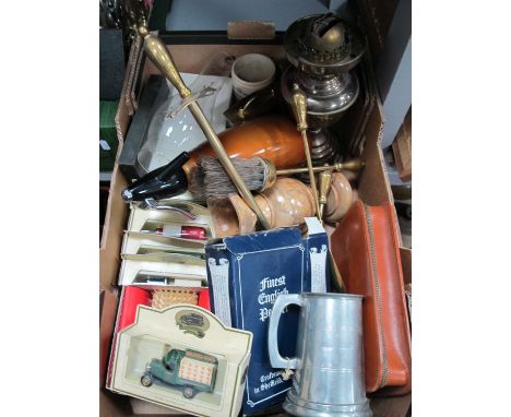 Vintage Soda Syphon, oil lamp, die-cast promotional models, pewter mug etc:- One Box.