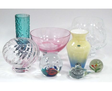 Caithness Crystal pedestal bowl in pink and clear hues with magnolia flower to centre- boxed, another Caithness bowl and vase