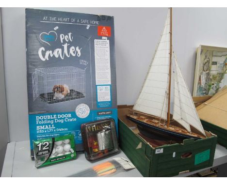 Pets at Home Pet Crate in Box, model yacht, arrows, darts, golf balls, whisky flask.
